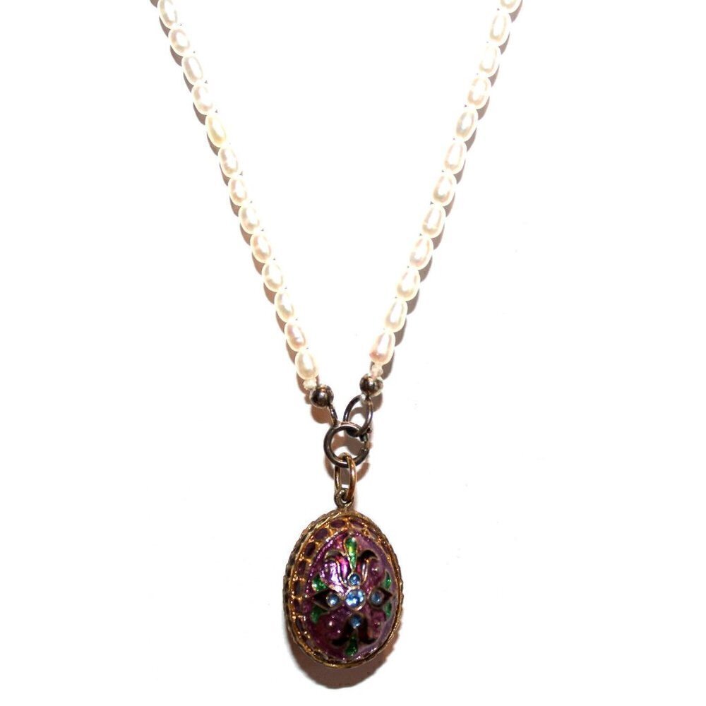 16" Vintage Purple Enamel Crystal Russian Egg Pendant Fresh Water Pearl Necklace
